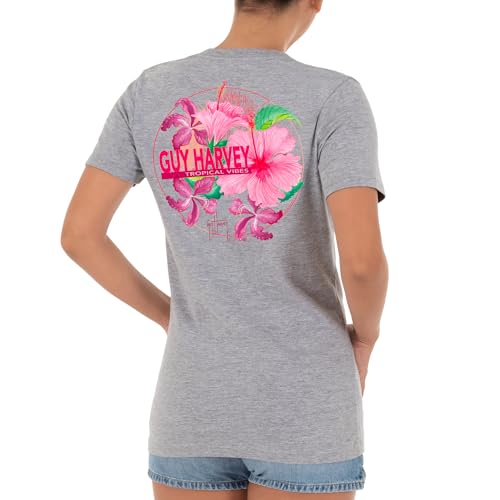 Guy Harvey Women's Graphic Short Sleeve V-Neck T-Shirt, Sport Grey Heather/Tropical Vibes,Large