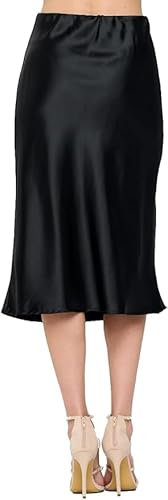 Women Solid High Waist Silky Casual Elastic Satin Midi Skirt - Made in USA (Small, Black)