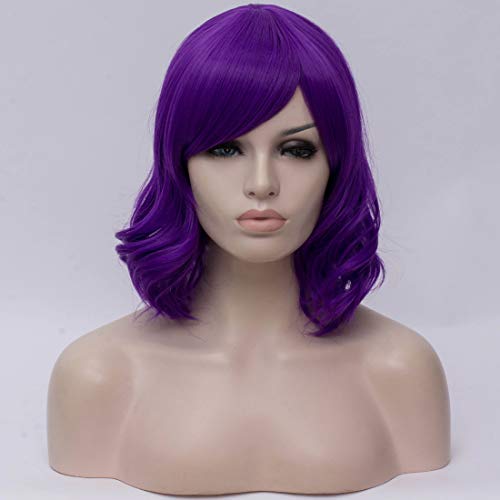 BUFASHION Short Wavy Bob Wigs Bright Purple Curly Hair Wigs With Bangs Heat Resistant Cosplay Party Custom Wigs With Wig Cap (Bright Purple)