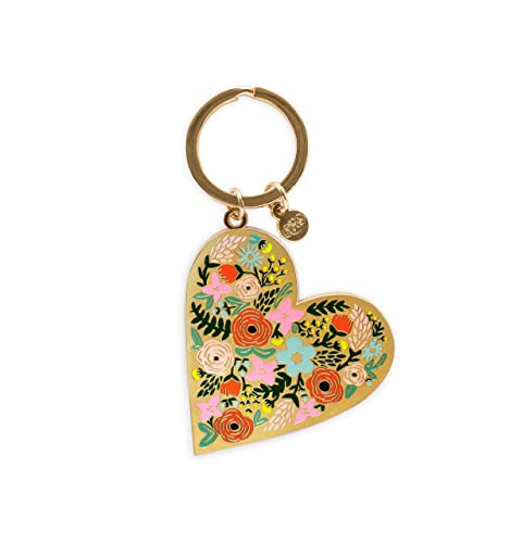 Rifle Paper Co. Floral Heart, 2.4" L X 1.75" W, Enamel Keychain Charm, 1" Key Ring, Vibrant Floral Blooms Printed In Full Color With A Polished, Glossy Finish #TOP28