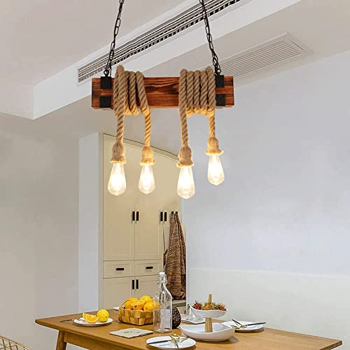 Lámpara colgante de cáñamo vintage con madera de 4 luces para techo