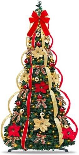 6 Ft Pre-Decorated Pop Up Full Christmas Tree Prelit 200 Warm Whi...