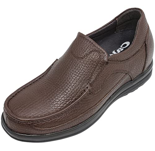 Calto Men's Invisible Height Increasing Elevator Shoes - Brown Premium Leather Slip-On Lightweight Casual Loafers - 3 Inches Taller - G1827 - Size 10 D(M) Us #TOP3