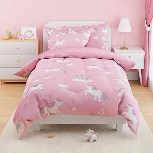 Image of SANDJEST Unicorn Comforter Set Twin Size 68x86in for Kids Girls, Microfiber 3 Pcs Bedding Set Includes 1 Comforter, 1 Pillowcase, 1 Fitted Sheet, Nursery Room Decor