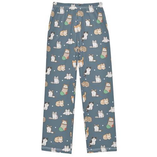 Boy's Pants Cute Cartoon Cat Stock Snow Jogger Pants Elastic Waist Long Bottoms Trousers with Pockets 6-14 Years