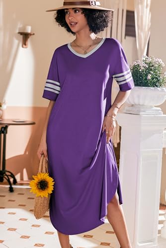 Image of Ekouaer Long Nightgown, Womens V Neck Loungewear Oversized Sleepwear Loose Sleep Dress S-4XL