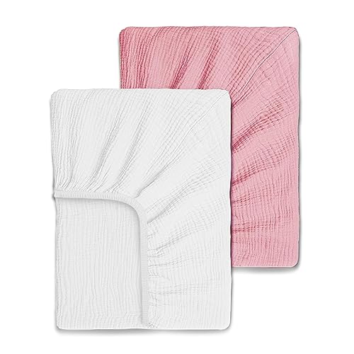 Image of Yunioo Ultrasoft Muslin Baby Crib Sheets Neutral for Boy or Girl, 100% Organic Cotton Boho Fitted Crib Sheet in 2-Pack, Universal Fit Crib Mattress Sheet Set, 52 x 28”- Rose-White
