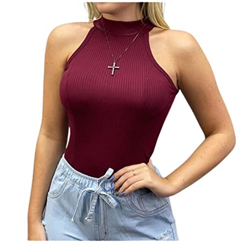 Blusa Feminina Bordô Canelada Gola Alta Manga Cavada Sem Manga