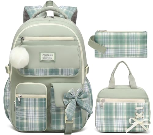 Image of Backpack for School Girls, 3Pcs Kids Cute Bookbag with Lunch Box Pencil Pouch, Student Pack Fits 15.6 Inch Laptop for Teens bag for Kindergarten Elementary Preschool Middle School, Green Tartan