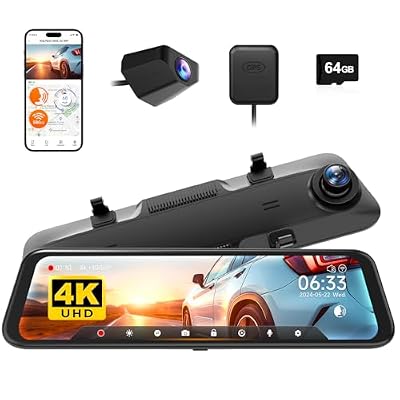 WOLFBOX G850 12" 4K Rear View Mirror Camera with 5.8GHz WiFi and Voice Control, Smart Mirror Dash Cam Front and Rear, Backup Camera with 1080P, Dash Cam with WDR, Includes 64GB Card & GPS