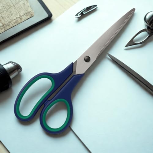 Makas 21.5 cm Paslanmaz Çelik Büyük Ofis Makası – Ergonomik Kauçuk Saplı, Yeşil-Lacivert Renkli, Ev & Büro Tipi Makas