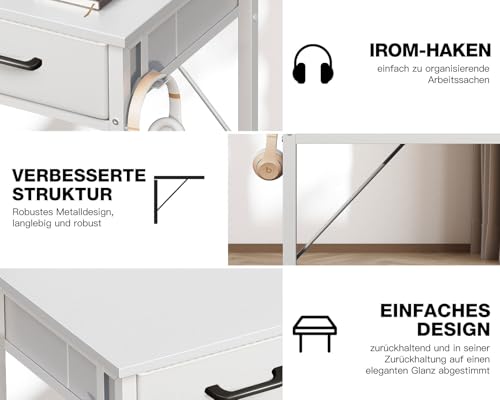 ODK Schreibtisch mit 2 Schubladen, 100 × 40 cm, Kopfhörerhalter, Weiß – Ansicht 4