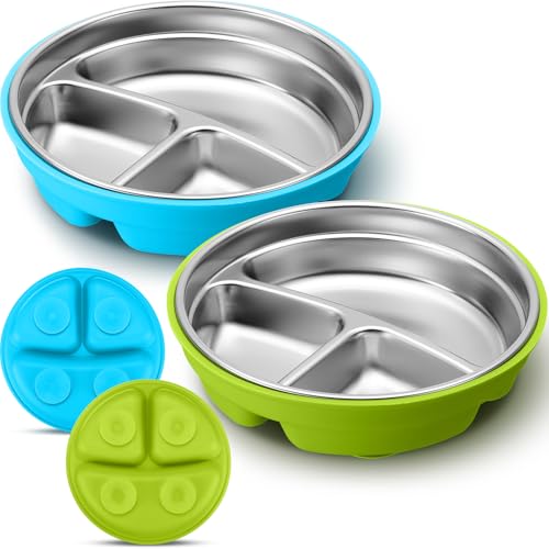 Image of Nuogo 2 Pcs Stainless Steel Baby Suction Plates with Removable Silicone Shell 2-in-1 Metal Toddler Bowl Divided for Picky Eaters Kids Feeding Led Weaning Supplies, Dishwasher Safe (Green, Blue)