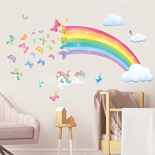 Decalmile Rainbow Wall Decals Unicorn Rainbow Butterflies Clouds Wall Stickers Baby Nursery Girls Bedroom Living Room Wall Decor #TOP1
