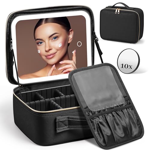 Hirger Travel Makeup Bag with LED Lighted Make up Case with Mirror 3 Color Setting Cosmetic Makeup Box Organizer Vanity Case for Women Beauty Tools Accessories Case Rechargeable, Black