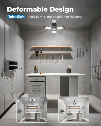 Image of toberich - LED Garage Light Bulbs, 2 Pack 8000LM with 3+1 Deformable Panels, 6500K Screw-in Ceiling Lights for Garage, Workshop, Workbench, Basement