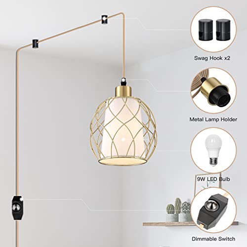 Ruzectt Plug in Pendant Light, Gold Hanging Lamp with Dimmable Switch, 15 ft Golden Cotton Cord, Hanging Light Fixture for Kitchen, Living Room, Bedroom (Bulb Included) by Ruzectt - Image 4