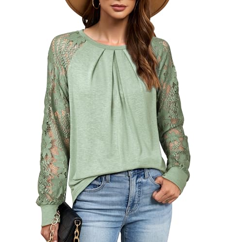 Image of LAISHEN Long Sleeve Tops Women Lace Pleated Casual Dressy Blouse Shirts Ladies Crewneck Tunic Top Outfits Grey Green,XL