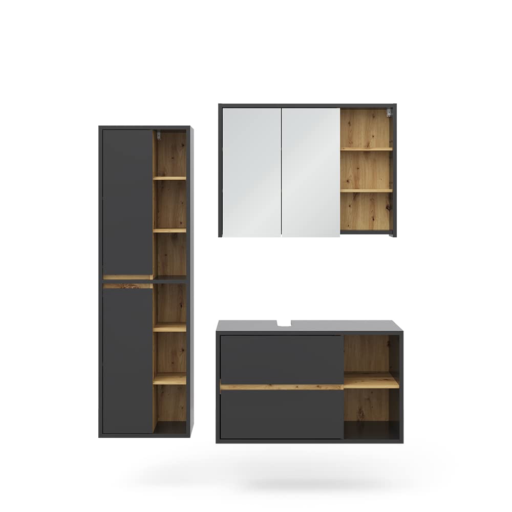 Vicco Set di mobili da bagno Viola, Antracite, 100 cm, composto da mobile sottolavabo, specchiera e colonna alta