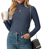  IWOLLENCE Pull à col roulé côtelé pour femme, bleu, XXL
