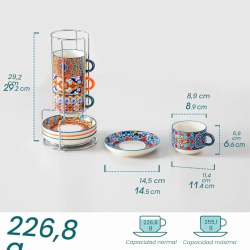 Miniatura 2 de Vancasso Simi Juego De 8 Tazas De Café Y Platillos 270 Ml - Tazas Cafe De Cerámica Para 4 Personas, Para Leche, Expresso Y Capuchino - Con Soporte De Metal - Estilo Bohème - Aptas Para Microondas