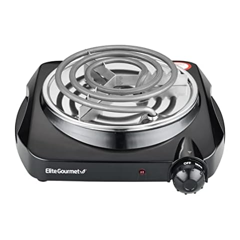 Elite Gourmet ESB301C Countertop Single Coiled Burner, 1100 Watts Electric Hot Plate, Temperature Controls, Power Indicator Lights, Easy to Clean, Black Cover