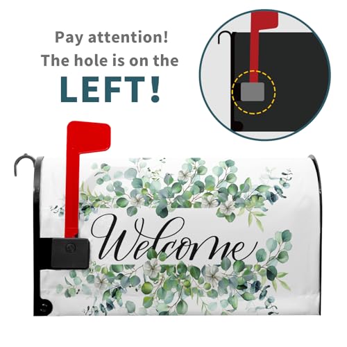 Image of Welcome Spring Summer Mailbox Covers Magnetic- Standard Size 21x18 Inch- Sage Green Eucalyptus Leaves Wreath Mailbox Wrap Letter Post Cover Decoration for Yard Garden Outdoor Home