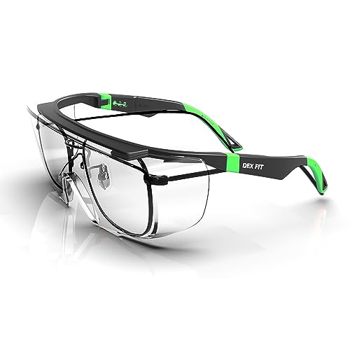 DEX FIT Safety Glasses Over Eyeglasses SG210 - Anti-Fog & Scratch Resistant EN166 Certified Adjustable Temples Side Shields UV Protection Clear Lens PPE for Men & Women; Black & Green 1 PC