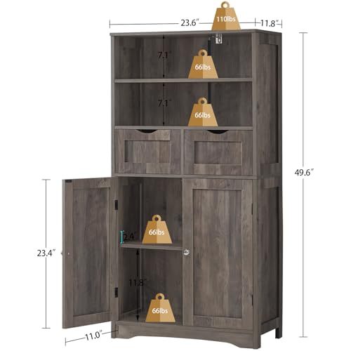 Image of Iwell Tall Storage Cabinet with 2 Drawers & Adjustable Shelf, Bathroom Cabinet with Doors, Kitchen Pantry Storage Cabinets, Cupboard for Living Room, Dining Room, Entryway, Rustic Gray