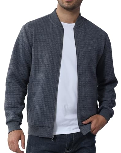 Image of YuKaiChen Mens Lightweight Bomber Jacket Casual Plaid Jacquard Varsity Jacket Coat with Zipper Pockets