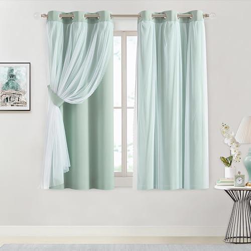 Image of Bujasso Aqua 80% Blackout Curtains with Sheer Overlay Mix and Match Double Layer Thermal Insulated Window Panels 63 inch for Living Room Bedroom Mint Green Drapes with Tiebacks Grommet Top 37 inchWx63 inchLx2