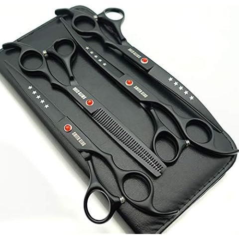 7.0 inches Professional Dog Grooming Scissors Set Straight & thinning & Curved & chunkers & comb 5pcs in 1 Set for left-handed & right handed (Black, Right-handed) Cover