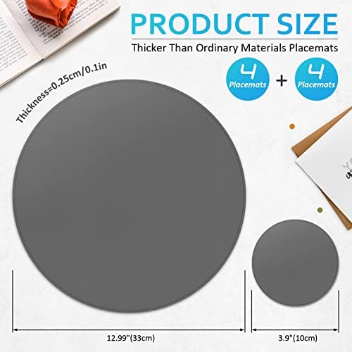 APLKER Faux Leather Placemats for Dining Table, Round Placemats and Coasters Set of 4, Heat & Stain Resistant Non-Slip Washable Elegant Table Mats for Parties BBQ Holidays (Set of 4, Grey)