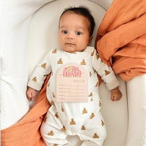Image of Wooden inchHello World inch Baby Announcement Board - Newborn Birth Sign, Baby Shower Decor, Hospital Nursery Information Board, Baby Milestone Photo Prop, Gender Neutral Keepsake(Rainbow Bohemia)