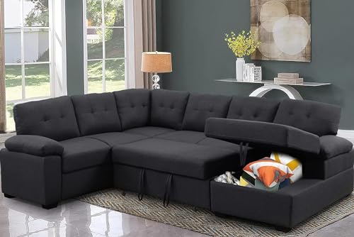 yoyomax Sectional Sofa-118\'\' Sofa Bed for 6-7 People Sitting, Pull Out Bed & Storage Space for Living Room, Apartment and Office, Dark Grey