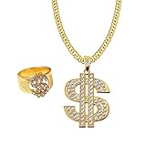 Liitata 2 Stück Dollar Zeichen Halskette Ringe Set Dollar Anhänger Kette Hiphop Rapper Punk Gold Kette für Herren Fasching Karneval Party