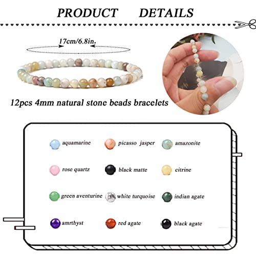 Mozaka 12Pcs 4Mm/6Mm/8Mm Healing Stone Beaded Bracelets For Women Men Semi-Precious Gemstones Bracelets Crystal Beaded Bracelet Unisex Adjustable Stretch Bracelets #TOP1