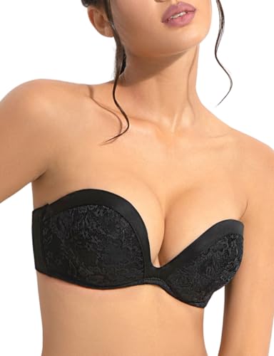 Image of Upushall Push Up Strapless Bra with Clear Straps Covertible Plunge Lace Padded Add 2 Cups Low Cut Underwire Bras for Women