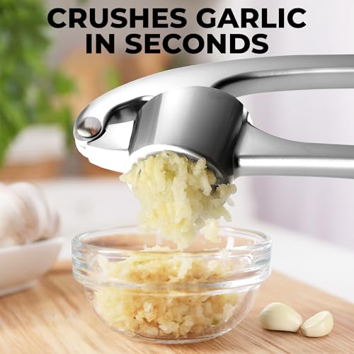 Image of Zulay Kitchen Large Premium Garlic Press Set - Bigger Bowl for Bigger Garlic - Rust Proof Garlic Mincer Tool - Easy-Squeeze, Easy-Clean Silicone Garlic Peeler & Brush (Chrome)