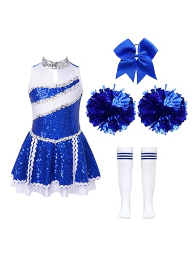 FEESHOW Kinder Mädchen Cheerleading Kleid Glänzend Cheer Uniform Kleid Pompoms Socken Strümpfe Tanzpuschel Armband Set Typ_S_Blau 146-152