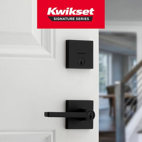 Image of Kwikset Halifax Square Front Door Lock Handle and Deadbolt Set, Entry Exterior with Interior Reversible Lever, Matte Black, Project Pack, Pick Resistant SmartKey Rekey Deadbolt Security