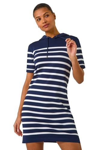 Image of Roman Originals Stripe Hooded Knit Dress for Women UK - Ladies Everyday Holiday Spring Summer Notch Neckline Comfy Soft Evening Vacation Work Party - Navy Stripe - Size 20