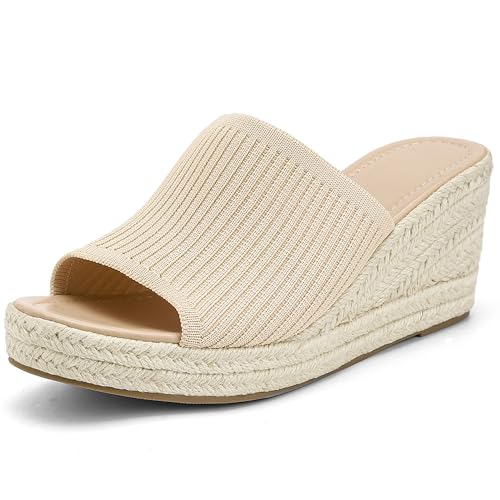 Knit Platform Sandals, Comfortable Slip On Slide Sandals, Square Open Toe Wedge for Women Summer Beach Casual Outdoor Dress Platform Sandals