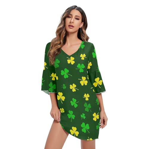 Robe courte hawaïenne verte et jaune à manches 3/4 style western pour femme
