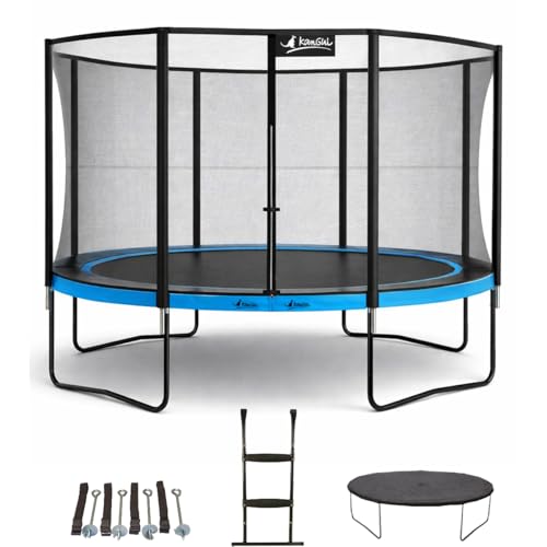 Kangui - Trampoline PUNCHI ATOLL + échelle + couverture de propreté et kit d'ancrage - Bleu et noir - Ø300cm - 360cm - 430cm