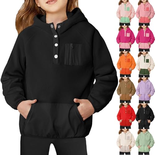 Girls Fleece Sweatshirt Hooded Pullover Windproof 𝗖olor Block Jackets Warm Toddler Casual Outerwear with Pocket3