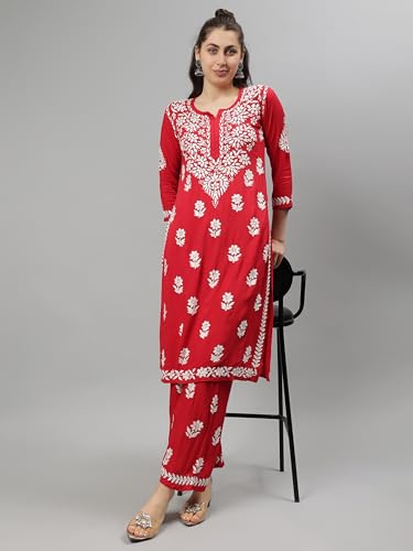 Image of Seva Chikan Hand Embroidered Lucknowi Chikankari Rayon Kurta and Palazzo Set SCL8037