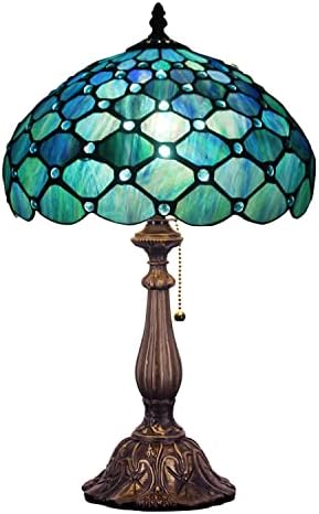 ZJART Tiffany Lamp W12H19 Inch Blue Stained Glass Table Lamp Bedside Nightstand Desk Reading Lamp Work Study Desktop Light Decor Home Kids Bedroom Living Room Office Pull Chain Switch (Z12A02F12)