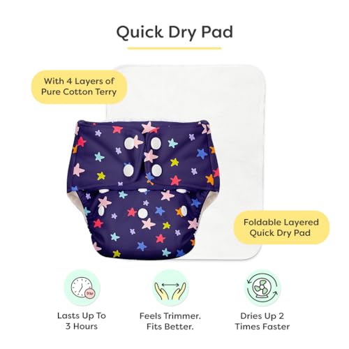 Image of SuperBottoms BASIC Cloth Diaper Pack of 4 with 4 UltraThin Dry Pads & Disposable Liner Pack of 5 | Reusable & Washable | Adjustable Fit for Babies 3m-3y