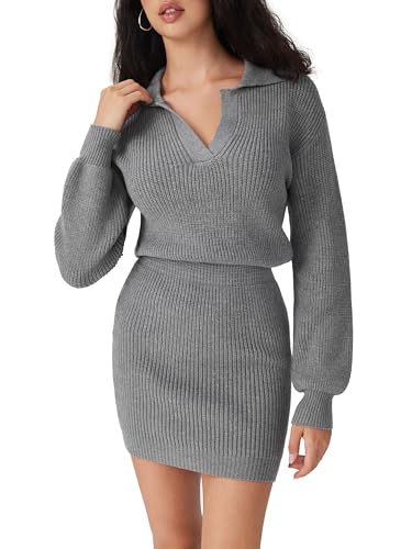 CIDER Womens Ribbed Knit Sweater Dress Long Sleeve V Neck Mini Cozy Dress Collared 2025 Fall Dresses4